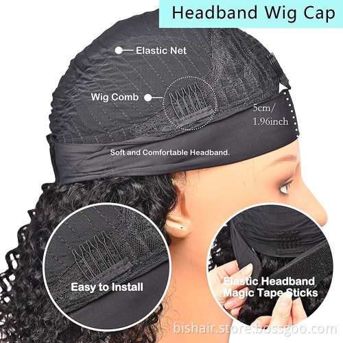 Wig headband real human hair without lace front deep wave wig machine made without glue headband curly hair 150% density black